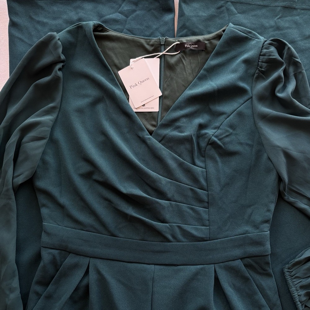 Pink Queen Jumpsuit Dressy Chiffon Sleeve V Neck Wide Leg Romper Green Womens S - Picture 3 of 6